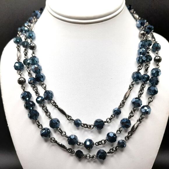 Lia Sophia Blue Beaded Gunmetal Gray Necklace, Three Strands, 21 1/2 Inches - Picture 4 of 13